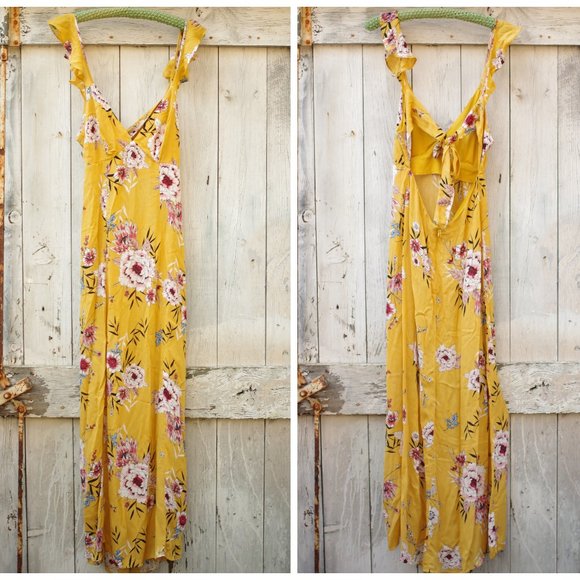 Timing Dresses & Skirts - Timing Mustard Floral Open-Back Maxi Dress